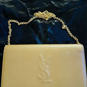 Yves Saint Laurent Khaki Belle de Jour Wallet on a Chain with Gold Chain